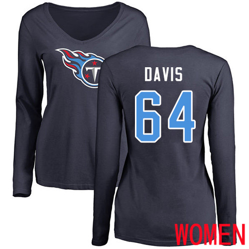 Tennessee Titans Navy Blue Women Nate Davis Name and Number Logo NFL Football #64 Long Sleeve T Shirt->women nfl jersey->Women Jersey